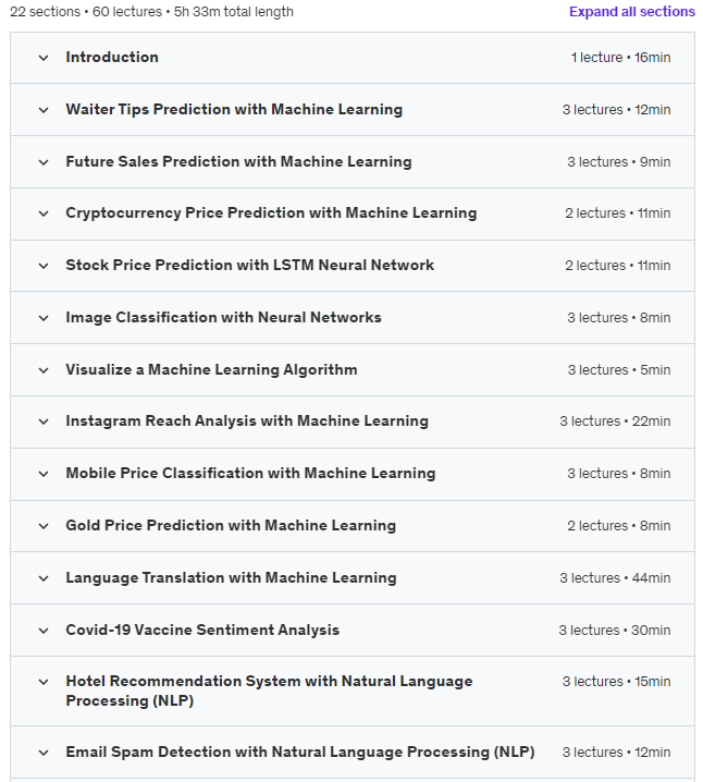 Course topics · Udemy — Machine Learning and Deep Learning Projects in Python 2023-8