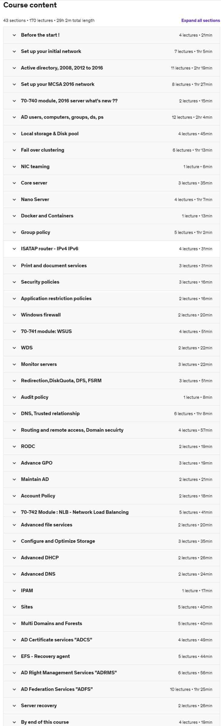Course topics · Udemy — Microsoft windows server 2016 industry lab MCSA 2021-11