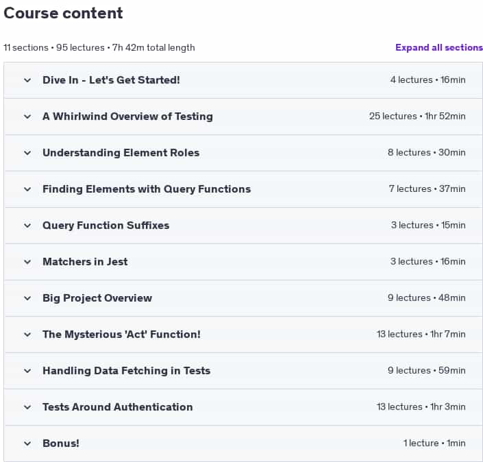 Course topics · React Testing Library and Jest: The Complete Guide 2025-2