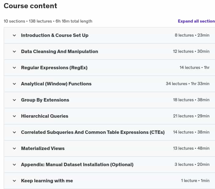 Course topics · Udemy — The Advanced SQL Course 2024-11