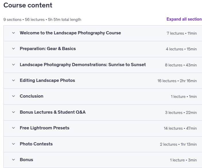 Course topics · Udemy — Landscape Photography & Nature Photography for Beginners 2025-3