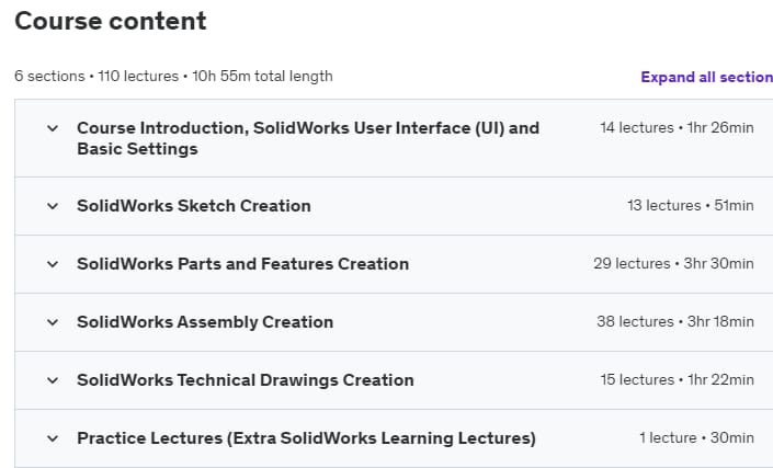 Course topics · Udemy — Learn and Master SolidWorks: A Step-by-Step Course 2023-1