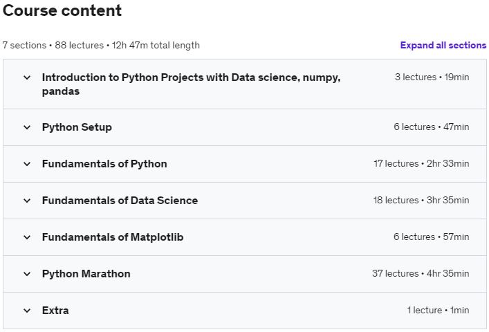 Course topics · Python Projects: Python & Data Science with Python Projects 2021-12