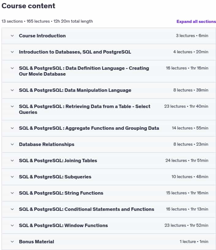 Course topics · SQL and PostgreSQL for Beginners: Become a SQL Expert 2025-7