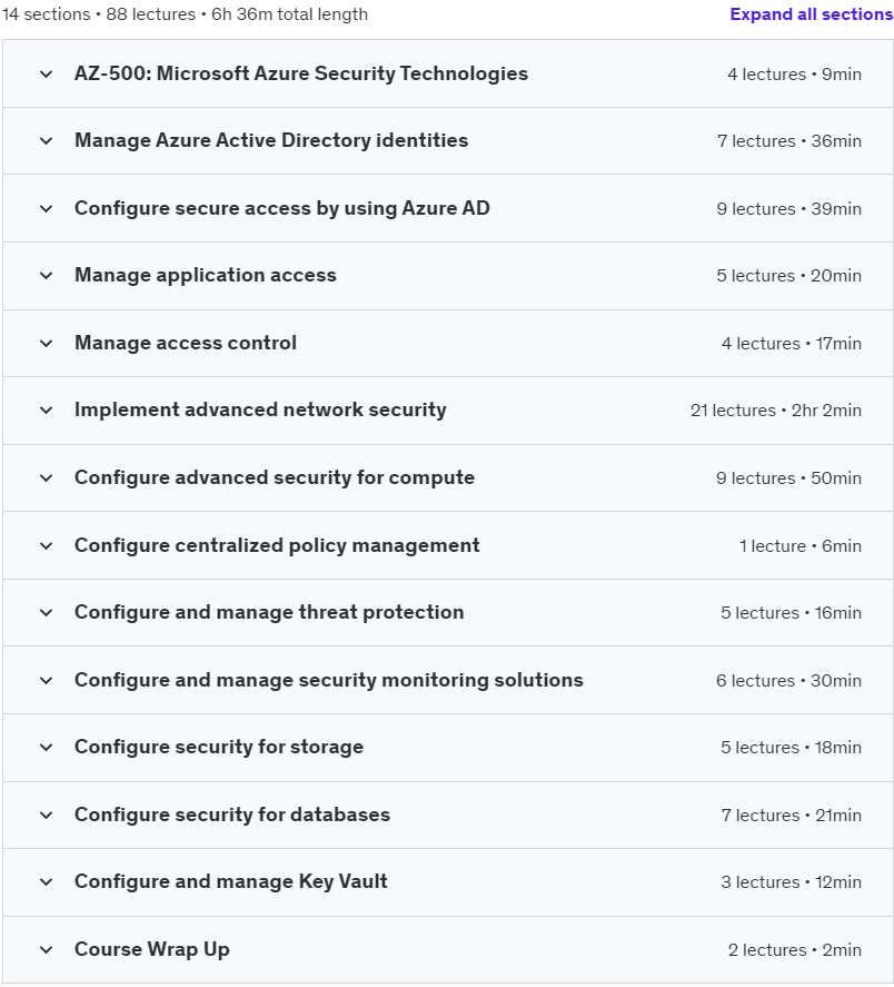 Course topics · Udemy — AZ-500 Microsoft Azure Security Technologies Exam Prep 2022-8
