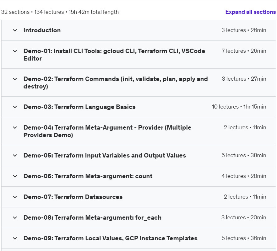 Course topics · Udemy — GCP Terraform on Google Cloud:DevOps SRE 30 Real-World Demos 2024-7