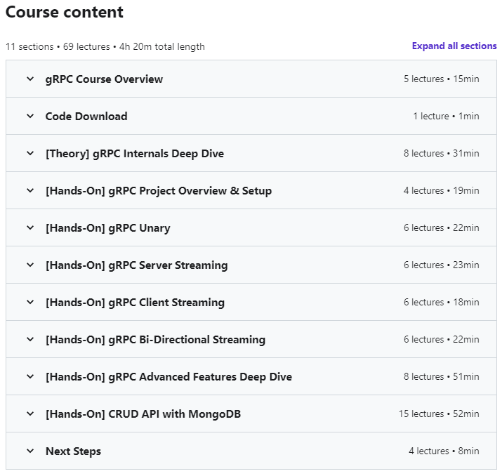 Course topics · Udemy — gRPC C# Master Class: Build Modern API & Microservices 2023-11