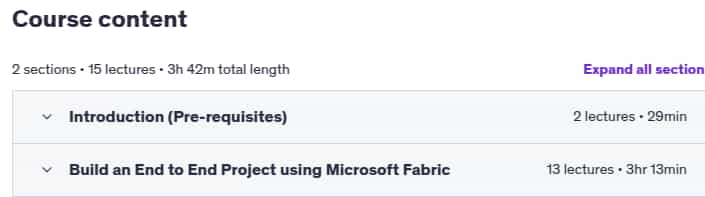 Course topics · Udemy — Microsoft Fabric: End to End Data Engineering Project 2025-8