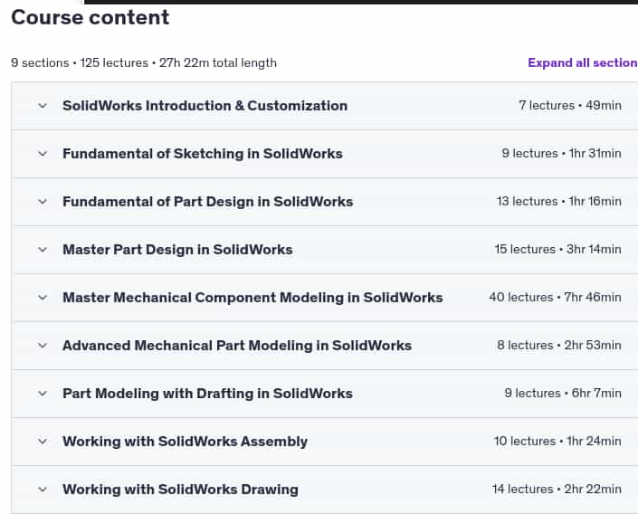 Course topics · Udemy — The Complete SolidWorks Course : From Zero to Expert ! 2025-6
