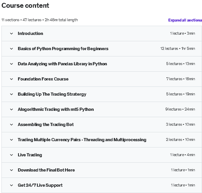Course topics · Udemy — Forex Algorithmic Trading with Python : Build a Grid Bot 2023-3