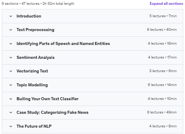 Course topics · Udemy — Intro to Natural Language Processing in Python for AI 2023-9