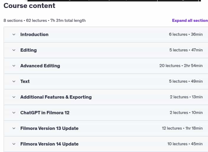 Course topics · Udemy — Filmora 12,13,14: Complete Video Editing Course For Everyone 2025-3
