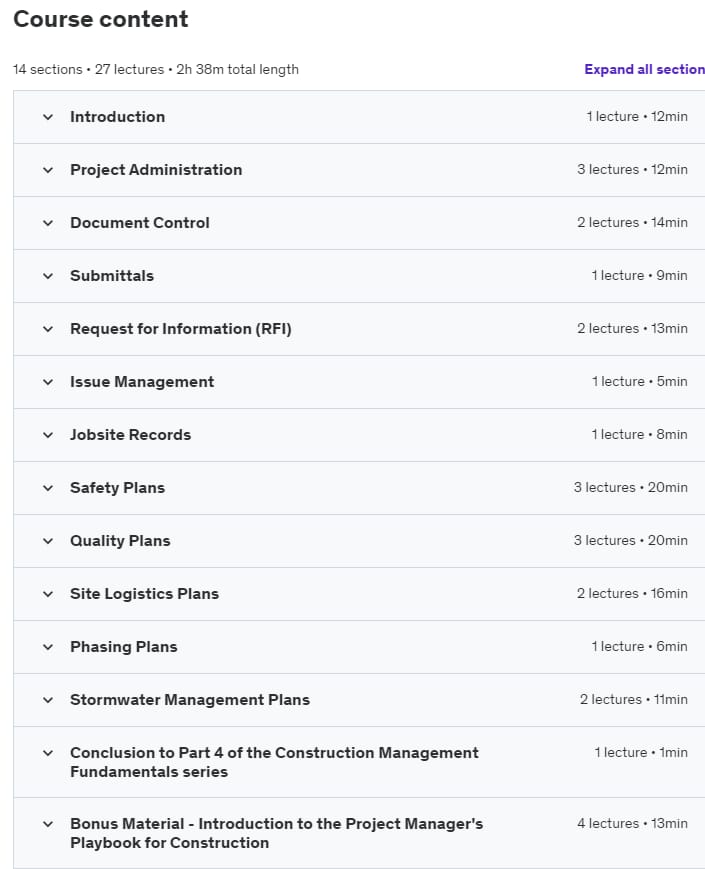 Course topics · Udemy — Construction Management Fundamentals – Part 4 of 4 2020-10