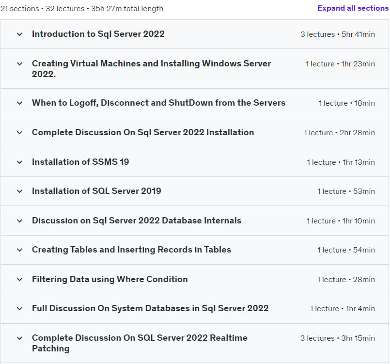 Course topics · Udemy — Learn Realtime Microsoft Sql Server DBA 2022 Part1 2023-5