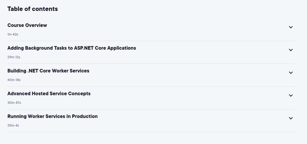 Course topics · Pluralsight — Building ASP.NET Core 3 Hosted Services and .NET Core 3 Worker Services 2022-6