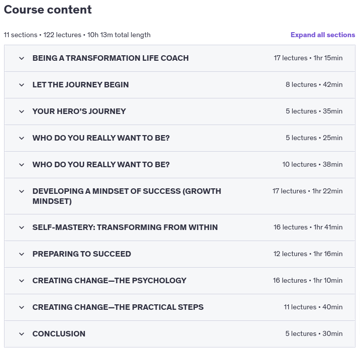 Course topics · Udemy — Transformation Life Coach Certification (Accredited) 2021-12