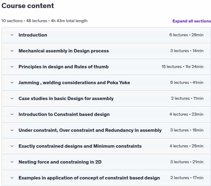 Course topics · Udemy — Design for Mechanical Assembly and Constraint Based Design 2025-1