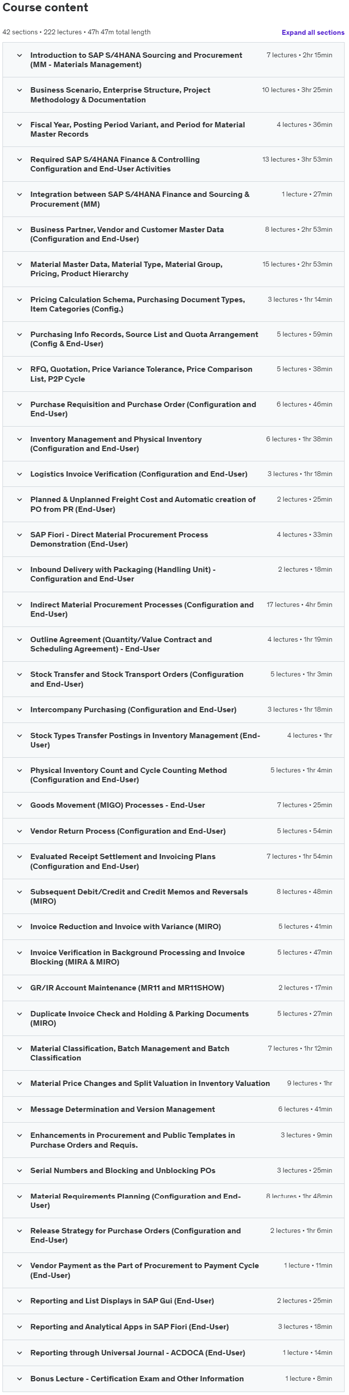 Course topics · Udemy — SAP S/4HANA Sourcing & Procurement (MM-Materials Management) 2022-2