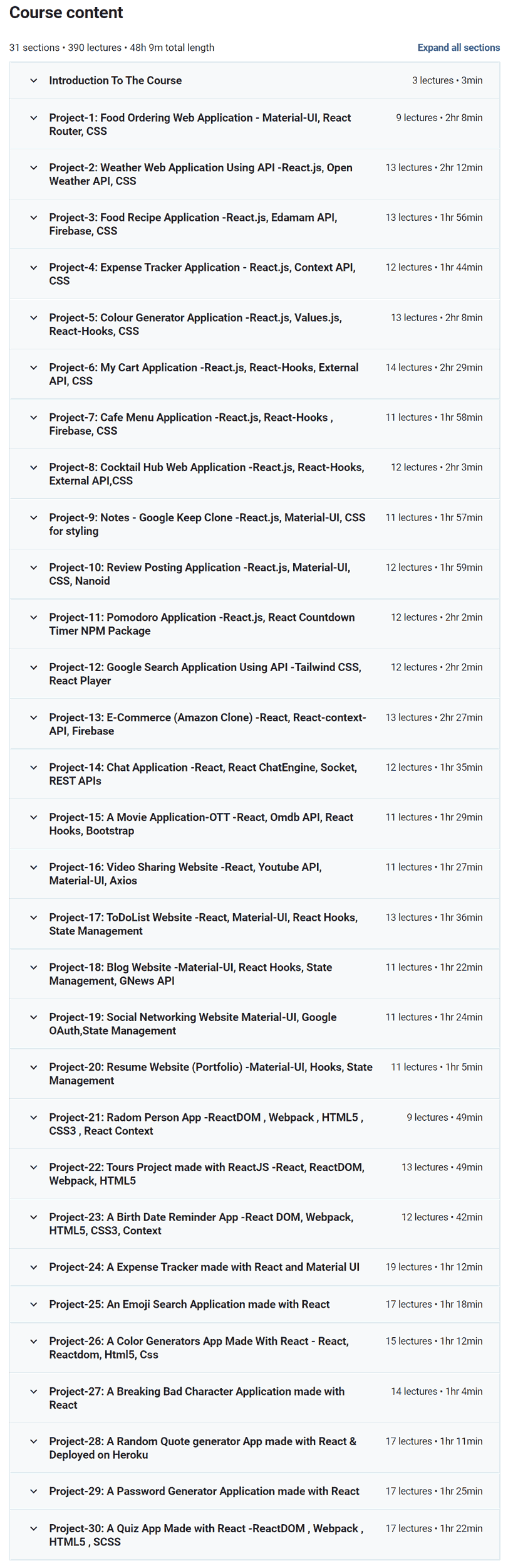 Course topics · React Development Masterclass: Build 30 Powerful Projects 2021-11