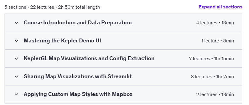 Course topics · Udemy — Interactive Map Visualization with Kepler GL and Streamlit 2024-12