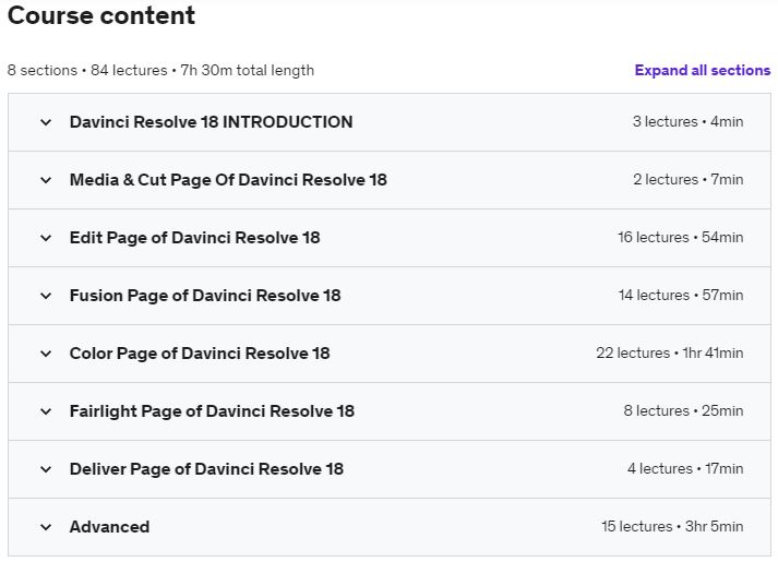 Course topics · DaVinci Resolve 18: Beginner to Advanced Video Editing 2022-10
