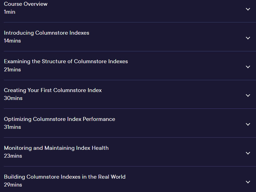 Course topics · Pluralsight — Optimizing Query Performance with Columnstore Indexes 2023-8
