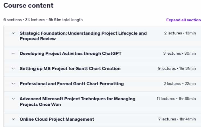 Course topics · Udemy — Win Proposals & Projects Using Advanced MS Project, ChatGPT 2025-2