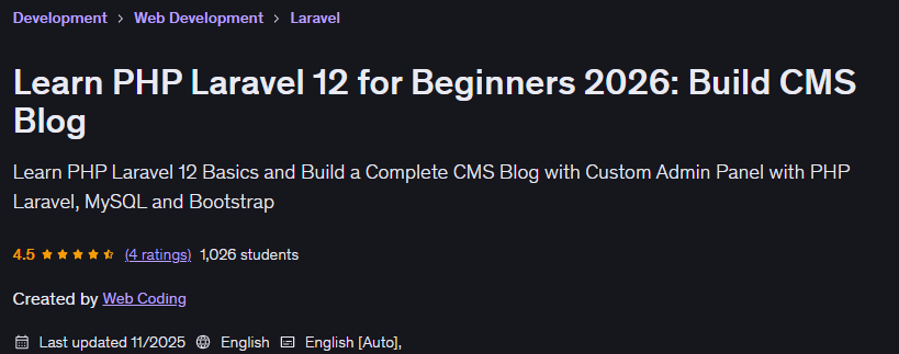चित्र · PHP सीखें Laravel 12 शुरुआती के लिए 2026: सीएमएस ब्लॉग बनाएं 2025-10