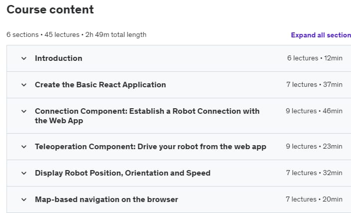 Course topics · Udemy — ROS for Beginners III: Web-based Navigation with ROSBridge 2023-5
