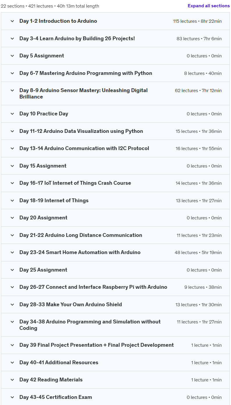 Course topics · 45-Day Arduino Bootcamp 2024-7