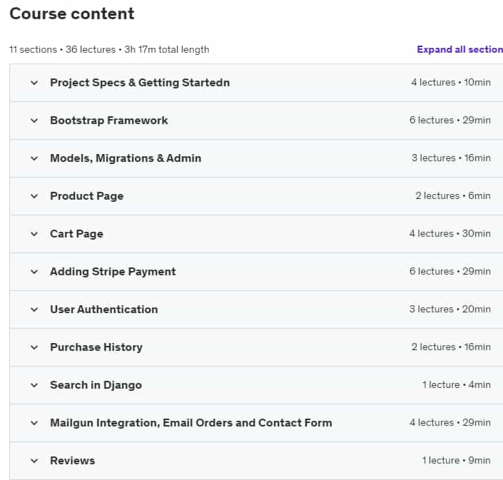 Course topics · Udemy — Build Ecommerce Website to Master Django and Python 2020-7