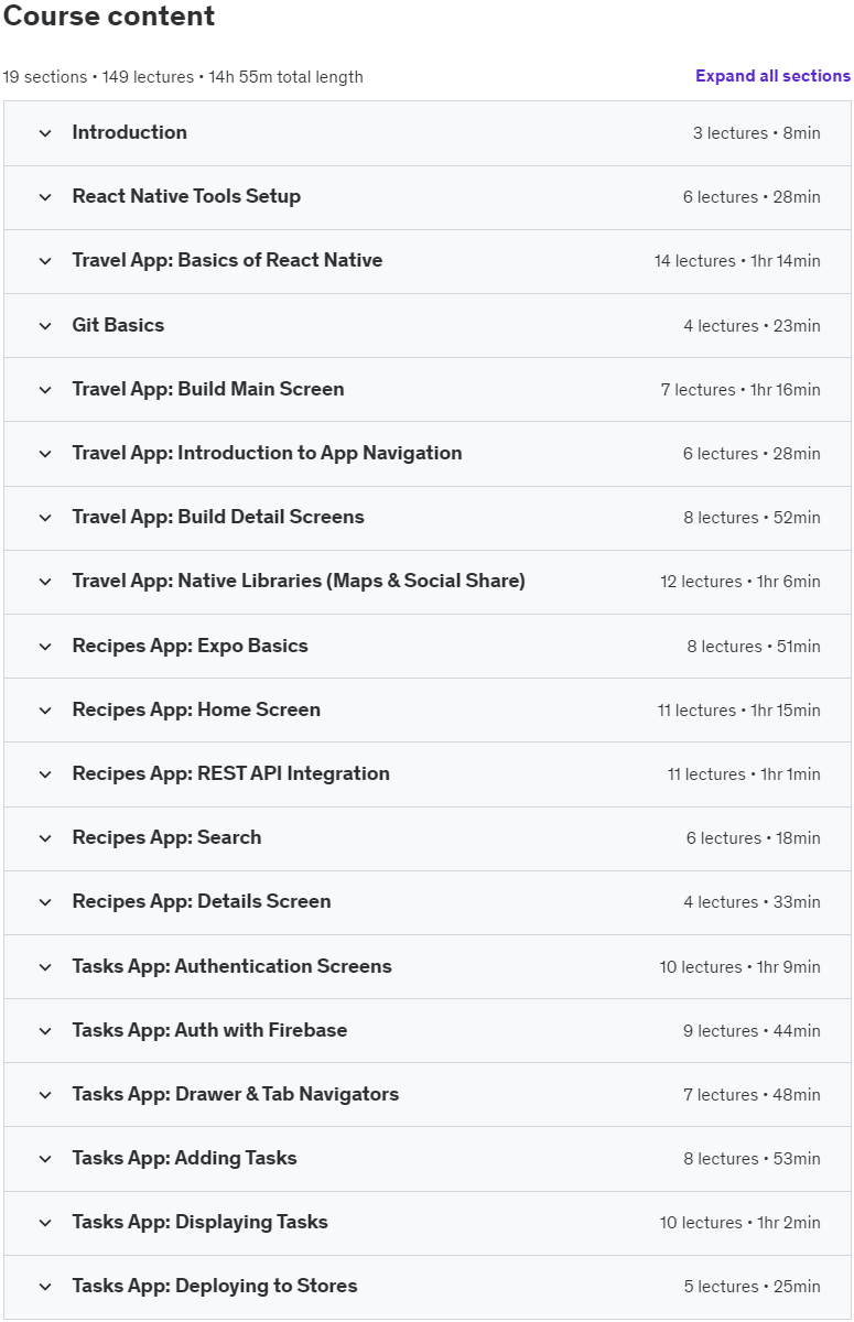 Course topics · React Native Complete Guide 2023: Zero to Mastery 2023-5