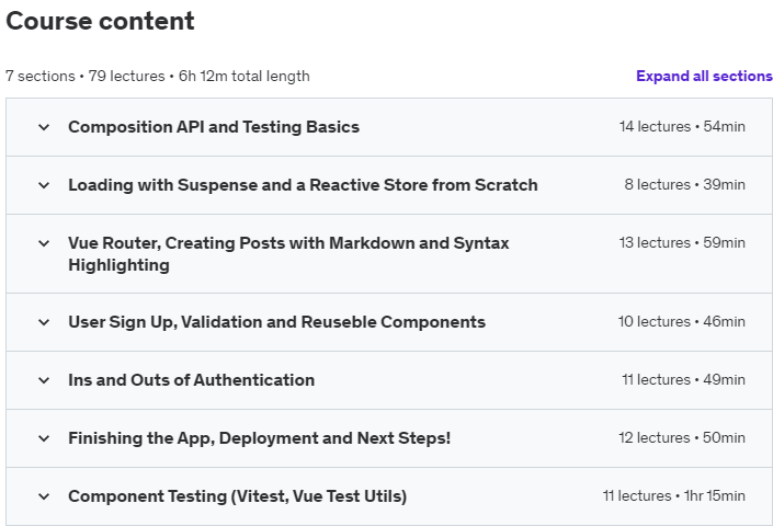 Course topics · Udemy — Vue JS 3: The Composition API (Inc Script Setup, TypeScript) 2022-10