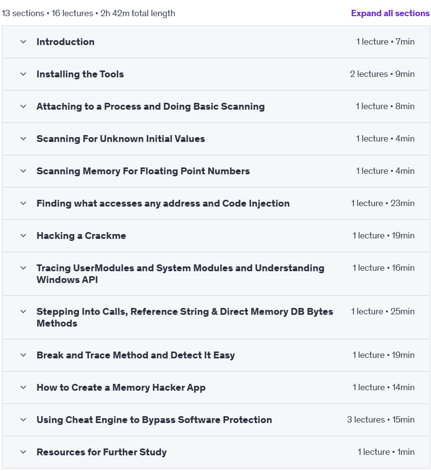 Course topics · Reverse Engineering and Memory Hacking with Cheat Engine 2021-2