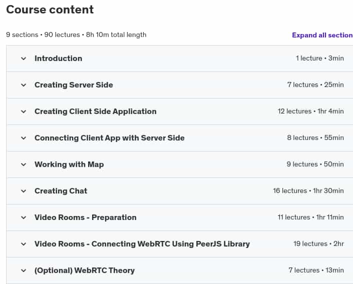 Course topics · Udemy — React and WebRTC & Sharing Location App with Video Chat 2023-2