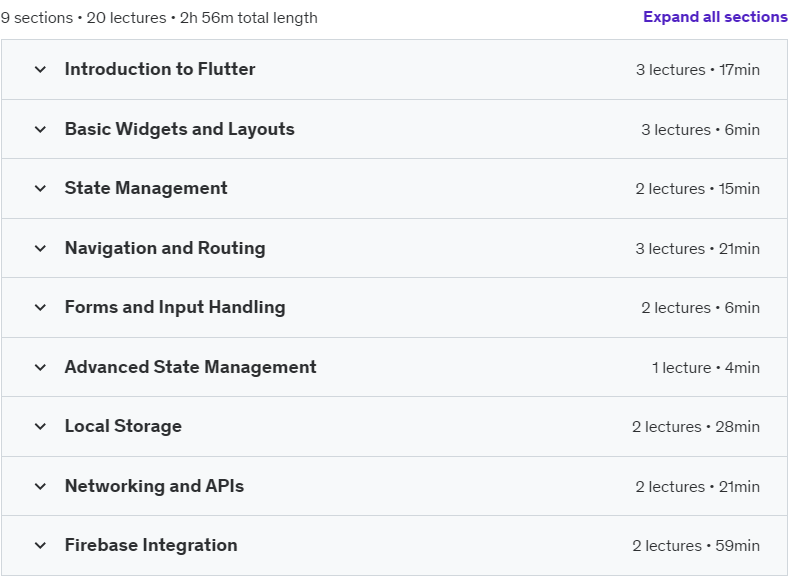 Course topics · Udemy — Mastering Flutter: From Basics to Advanced by Building Apps 2024-11
