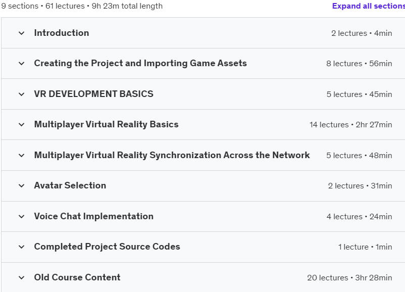 Course topics · Udemy — Multiplayer Virtual Reality (VR) Development With Unity 2022-11
