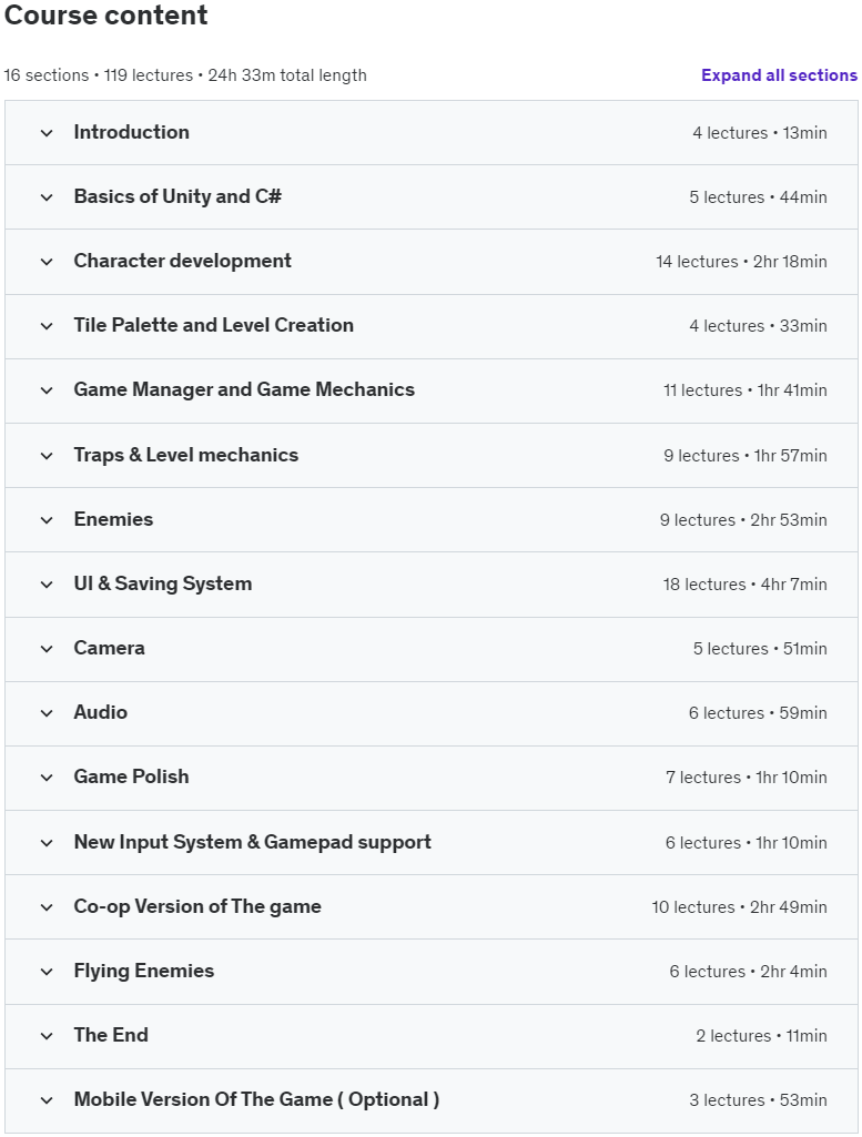 Course topics · The Complete Guide to Unity 2D : Platformer Development 2024-10