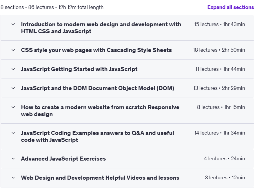 Course topics · Udemy — Frontend web developer Modern HTML CSS JavaScript 2024-2