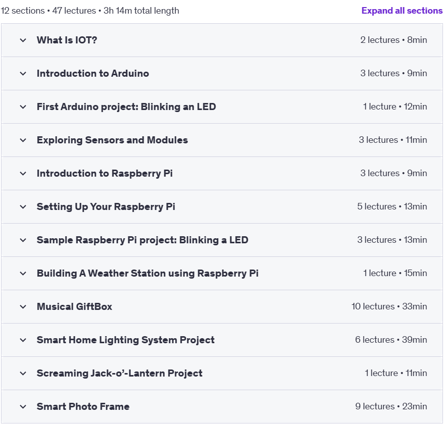 Course topics · Udemy — Projects in IoT: Learn IoT By Building Real World Projects 2024-12