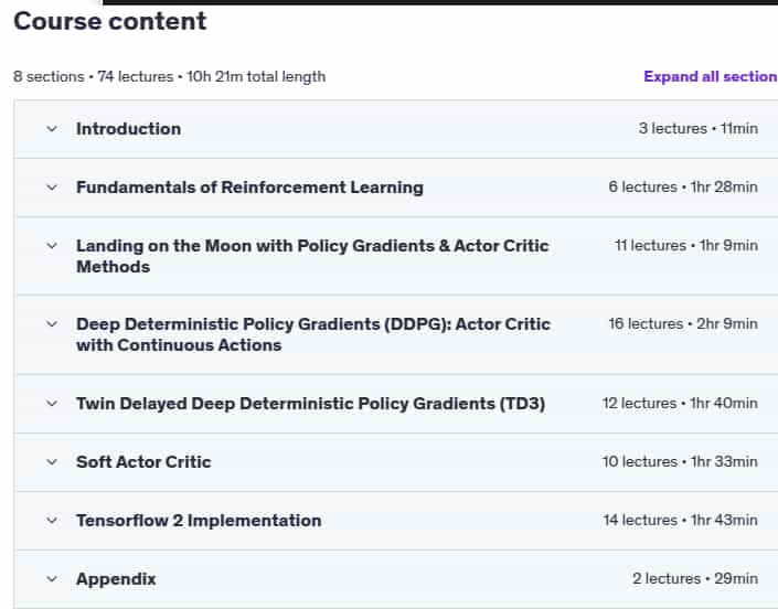 Course topics · Udemy — Modern Reinforcement Learning: Actor-Critic Agents 2023-8