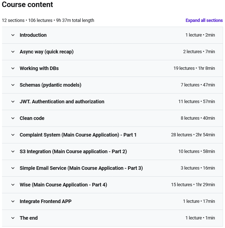 Course topics · Udemy — Complete FastAPI REST course + AWS + Emails + Payments 2022-1