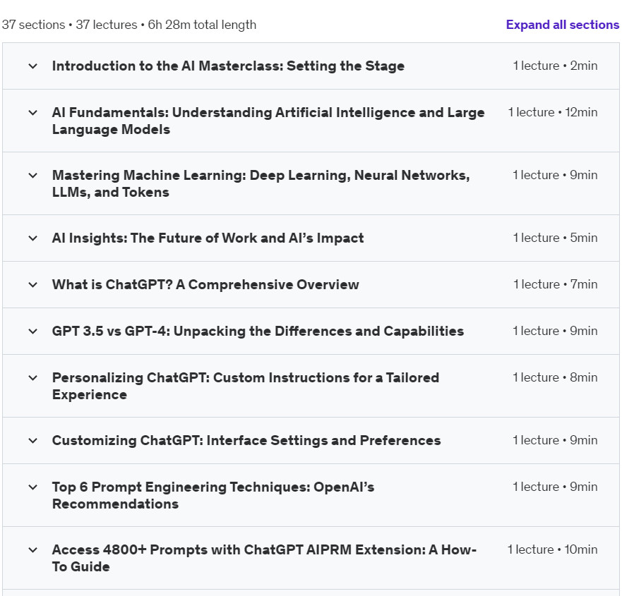 Course topics · Udemy — Artificial Intelligence Unlocked: The Full AI Masterclass 2024-7