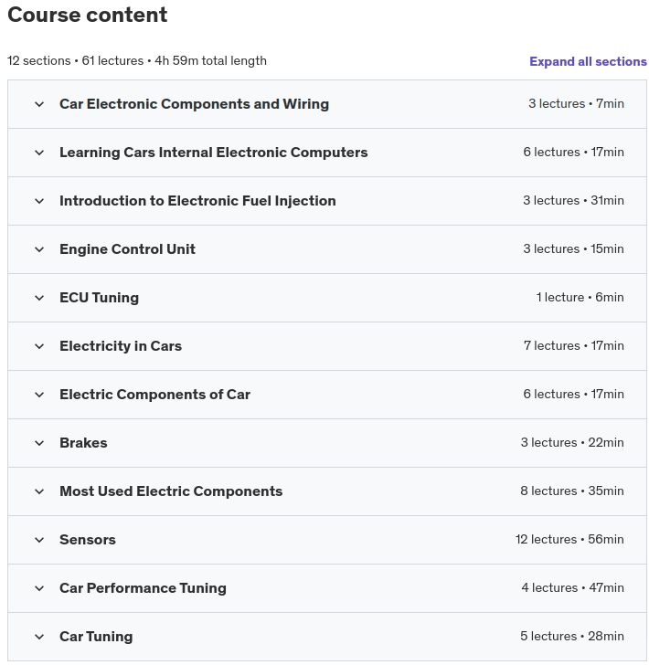 Course topics · Udemy — Car Repair | Electrical Systems and Automotive Theory 2023-7