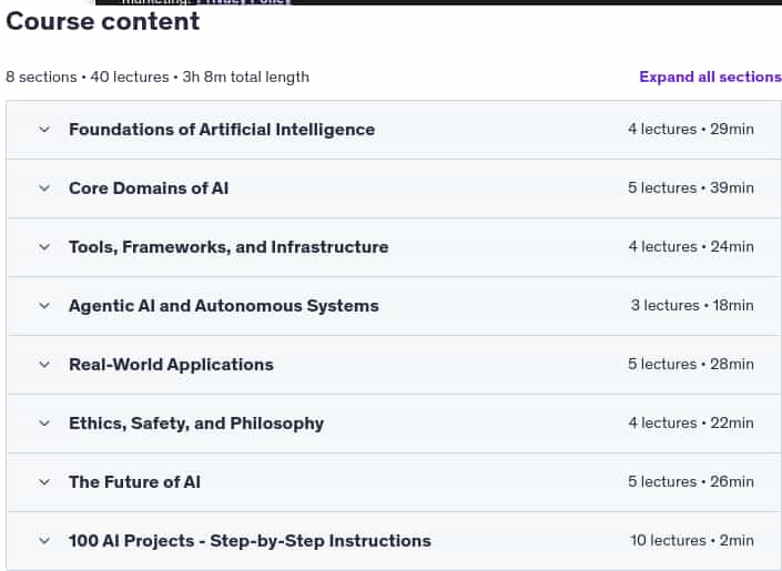 Course topics · Udemy — AI Bible: From Beginner to Builder in 100 Projects 2025-5