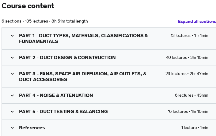 Course topics · Udemy — HVAC Duct System Design, Construction, Testing & Balancing 2021-11