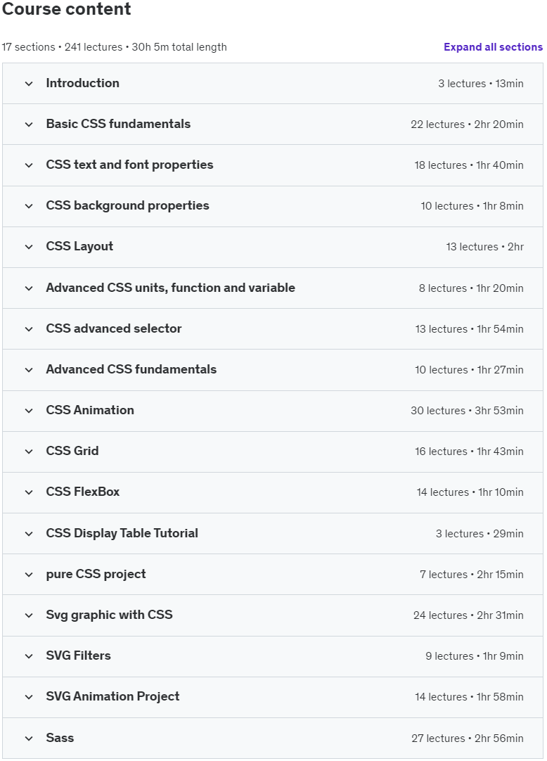 Course topics · CSS Complete Guide (incl. Animation, Flexbox, Grid & Sass) 2024-12