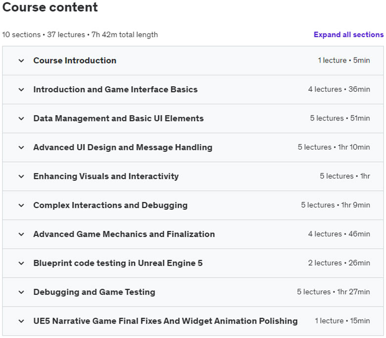 Course topics · Unreal Engine 5 Visual Novel and Narrative Game Design 2023-12