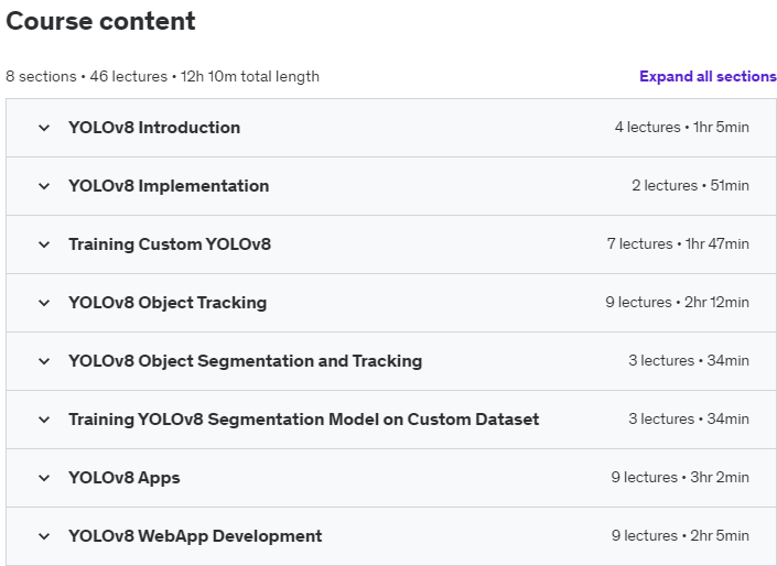 Course topics · YOLOv8: Object Detection, Tracking & Web App in Python 2023 2023-5