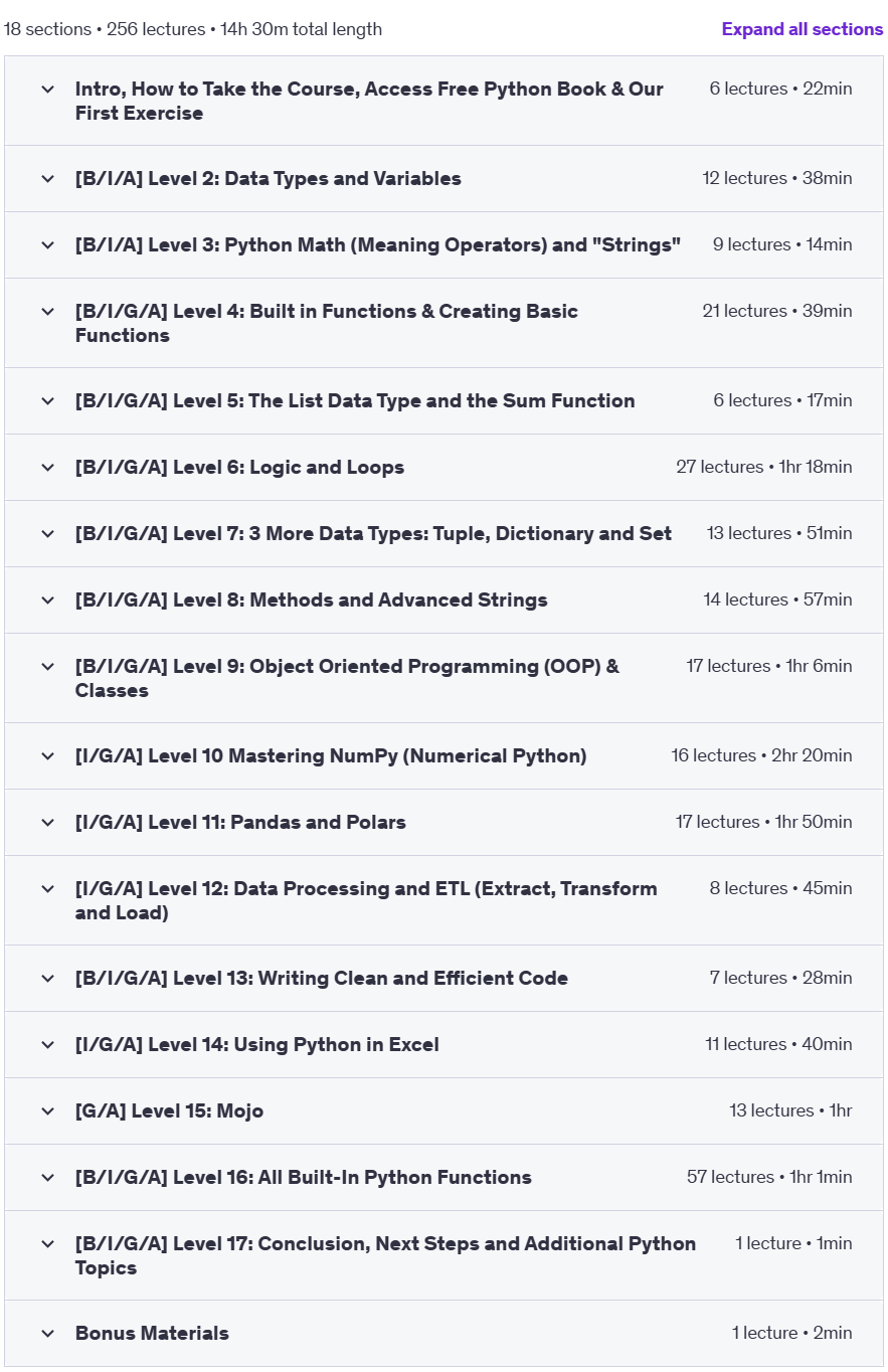 Course topics · The Complete Python Course 2025 2024-12